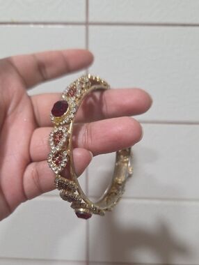 Gold-Tone Red Crystal Floral Bangle Bracelet